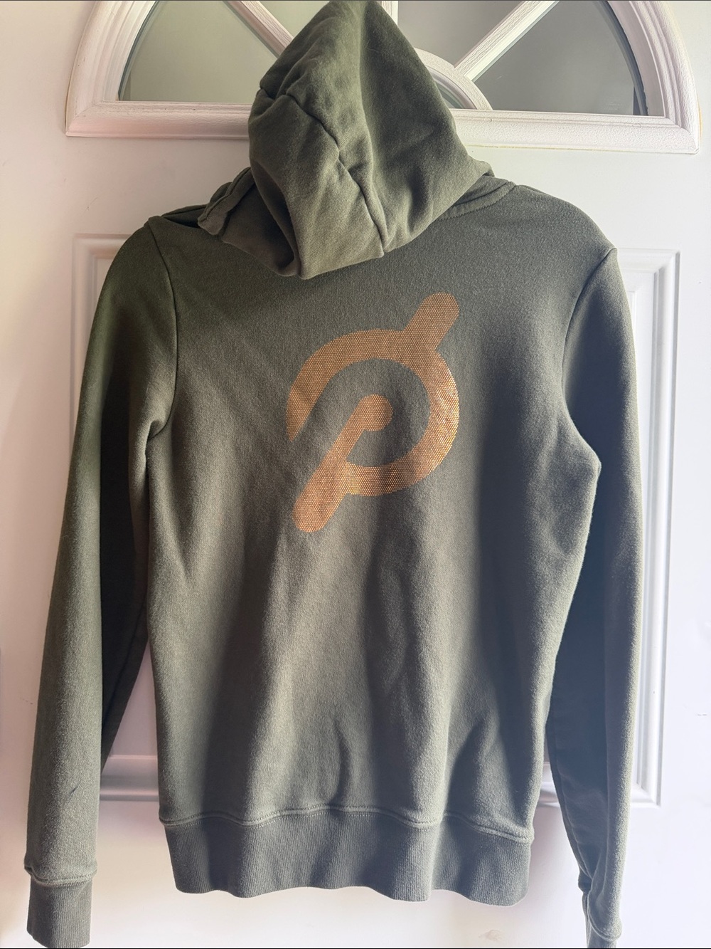Peloton Olive Green Hooded Zip-Up Sweatshirt, size small.